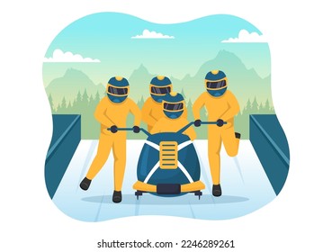 Schlittenfahrer-Illustration mit Schlitten mit Schnee, Eis und Bobsled Bahn für den Wettbewerb im Winter Sport Aktivitäten Flach Cartoon handgezeichnete Vorlagen