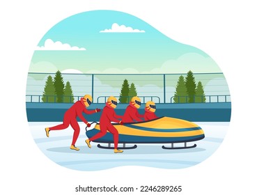 Schlittenfahrer-Illustration mit Schlitten mit Schnee, Eis und Bobsled Bahn für den Wettbewerb im Winter Sport Aktivitäten Flach Cartoon handgezeichnete Vorlagen