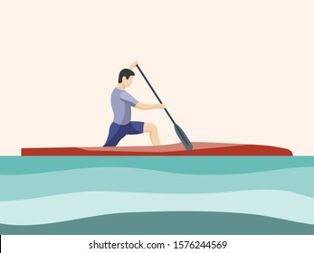 Athlete of rowing in sports canoe with paddle on plain background. Male cartoon character competes in rowing competitions. Sports tourism, alloys on small boats. Flat vector illustration.