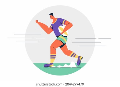 Athlete rugby man carrying rugby ball running while competition in cartoon character, vector illustration