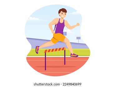 Athlete Run Hurdle Long Jump Sportsman Game Illustration in Obstacle Running for Web Banner or Landing Page in Flat Cartoon Hand Drawn Templates