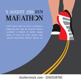 Athlete runner feet running on road closeup on shoe. woman fitness sunrise jog workout wellness concept. vector illustration