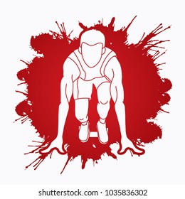 Athlete runner, A man prepare start running action designed on splatter blood background graphic vector