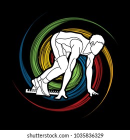 Corredor atleta, un hombre prepara la acción de inicio en ejecución diseñada en el vector gráfico de fondo de la rueda giratoria