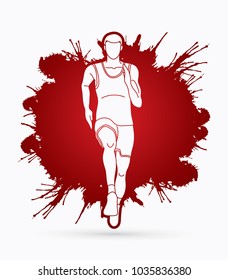 Athlete runner, A man  runner running front view designed on splatter blood background graphic vector