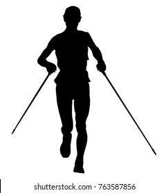 athlete runner running with trekking poles black silhouette