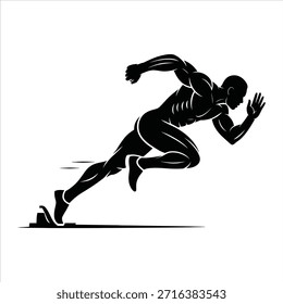 Atleta corredor que comienza la carrera desde el bloque. Potente acción de sprint y silueta de running dinámica.
