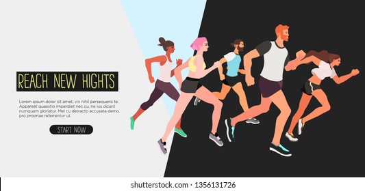 Athlete runners or marathon running group of men and women - flat vector illustration. Creative landing page and web banner design concept. Healthy lifestyle.