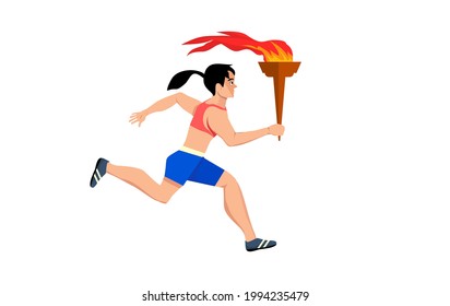 Athlete running girl with olympic torch flat isolated vector