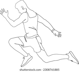 Athlete running man - male runner in vector minimalistic outline drawing. Sporty fit young man jogging linear art.
