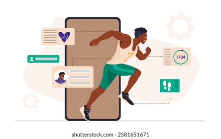 Athlete running near smartphone. Man running near large mobile phone. Active lifestyle and sports. Fitness and workout. Sportsman doing cardio training. Flat vector illustration