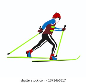 The athlete, running on skis. Cross-country skiing. Winter sport. Vector color illustration on a white background.