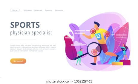 Athlete laufen und winzige Menschen Ärzte behandeln Verletzungen. Sportmedizin, Sportmedizin, Sportarztspezialkonzept. Website lebendige violette Landing-Website-Vorlage.