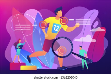 Athlete running and tiny people physicians treating injuries. Sports medicine, sports medical services, sports physician specialist concept. Bright vibrant violet vector isolated illustration