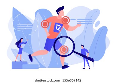 Athlete running and tiny people physicians treating injuries. Sports medicine, sports medical services, sports physician specialist concept. Pinkish coral bluevector vector isolated illustration