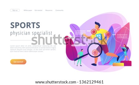 Athlete running and tiny people physicians treating injuries. Sports medicine, sports medical services, sports physician specialist concept. Website vibrant violet landing web page template.
