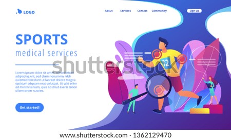 Athlete running and tiny people physicians treating injuries. Sports medicine, sports medical services, sports physician specialist concept. Website vibrant violet landing web page template.