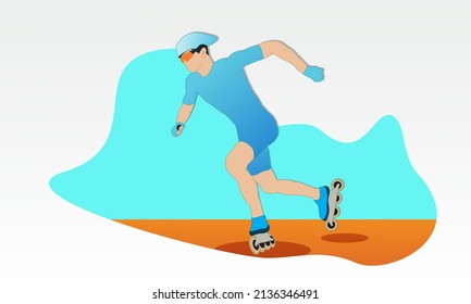 An athlete runs along the track on roller skates. Abstract background