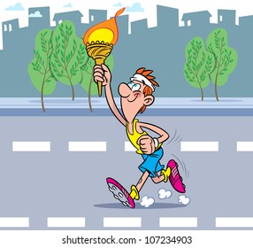 The athlete runs down the road. He is holding the Olympic torch.