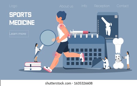 Athlete Runs Or Jogs And Tiny Physicians Treat And Research Injuries. Sports Medicine Vector Concept For Landing Page. Sports Medical Services, Doping Control, Use Of Stimulants. 