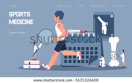 Athlete runs or jogs and tiny physicians treat and research injuries. Sports medicine vector concept for landing page. Sports medical services, doping control, use of stimulants. 