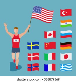 The athlete runs with the national flag