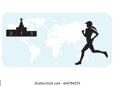 Athlete runs, silhouette of woman on world map background, pedestal, winner's cup - white background, art, creative, modern vector illustration.