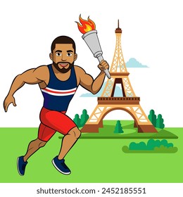 The athlete runs with a torch against the backdrop of the Eiffel Tower in cartoon style. Summer Games 2024. Vector illustration. 