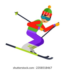 Atleta corriendo hacia abajo icono del vector plano de montaña. Esquiador con uniforme de invierno y sombrero moviéndose en esquís con bastones de esquí en sus manos sobre fondo blanco. Actividades y profesiones, concepto deportivo