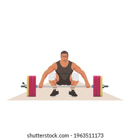 An athlete in a semi-squat position holds the bar with both hands. A weightlifter with a formidable expression prepares to lift the barbell. Weightlifting competition scene. Vector flat design.