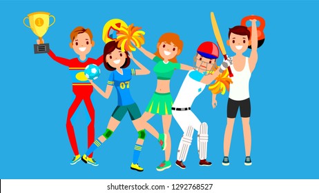 Athlete Set Vector. Man, Woman. Handball, Cheerleader, Baseball, Fitness Man. Group Of Sports People In Uniform, Apparel. Sportsman Character In Game Action. Flat Cartoon Illustration