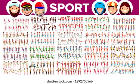 Athlet Set Vektor. Mann, Frau. Gruppe der Sportler in Uniform, Bekleidung. Sportsman Charakter in der Spiel-Aktion. Flaches Cartoon-Illustration