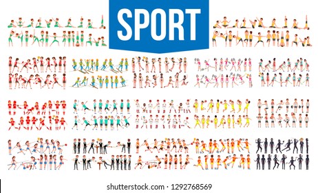 Athlete Set Vector. Man, Woman. Group Of Sports People In Uniform, Apparel. Character In Game Action. Flat Cartoon Illustration