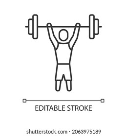 Fühlen Sie sich von einem linearen Symbol mit kurzer Statur. Gewichtszunahme Wettbewerb. Sportler mit Behinderung. Dünne, anpassbare Illustration. Contour-Symbol. Vektor-einzelne Rahmenzeichnung. Bearbeitbarer Hub