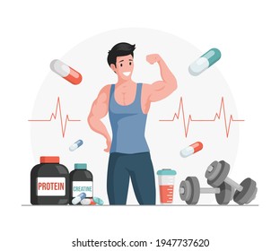 Athlete showing muscles vector cartoon illustration. Bottles and shaker with protein and creatine. Sport food full of vitamins, supplements and minerals. Sportive nutrition, active lifestyle concept.