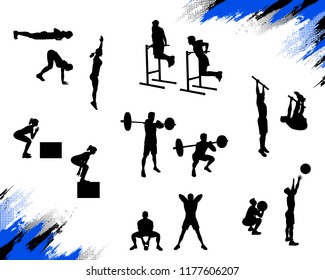 Athlete Silhouettes Doing Different Crossfit Exercises And Working Out Isolated On White. Burpee, Front Squat, Toes To Bar, Box Jump, Wallball, Kettlebell Sumo Pull, Dips. Vector For Web And Print.