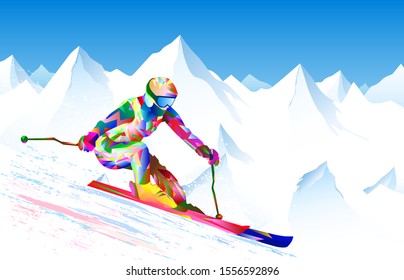 Esquiador atleta sobre un fondo de cielo y cumbres nevadas. El atleta es activo en esquí, realiza descenso y slalom. Silueta de un esquiador de color claro.                               