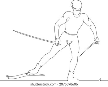 Athlete skier runs along the track. Portrait of a skier on a  winter ski track.Winter sports.Cross country skiing. One continuous line .One continuous drawing line logo isolated minimal illustration.