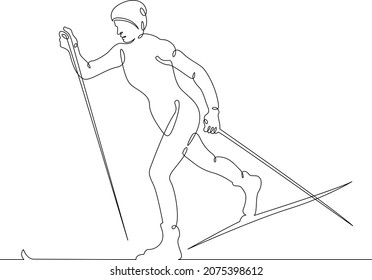 Athlete skier runs along the track. Portrait of a skier on a  winter ski track.Winter sports.Cross country skiing. One continuous line .One continuous drawing line logo isolated minimal illustration.