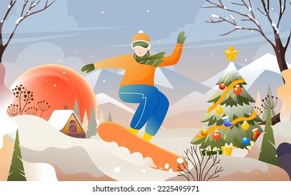 Athlete skiing outdoors in winter with snowy mountains and forest in the background, vector illustration