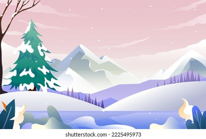Athlete skiing outdoors in winter with snowy mountains and forest in the background, vector illustration