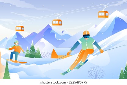 Athlete skiing outdoors in winter with snowy mountains and forest in the background, vector illustration