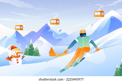 Athlete skiing outdoors in winter with snowy mountains and forest in the background, vector illustration