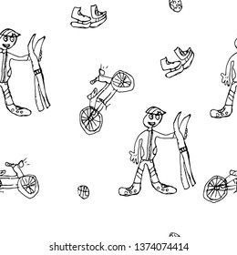 Athlete with skis, bike and skates. Hand-drawn vector illustration.