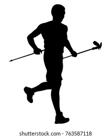 athlete skyrunner with trekking sticks running from mountain vector illustration