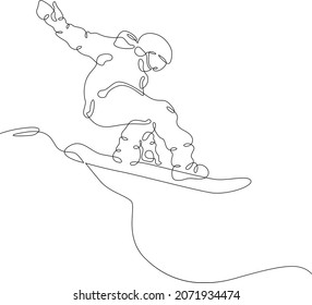 Athlete snowboarder rides on a snowy slope. Snowboarder rides on a board in the snow in winter.One continuous line .One continuous drawing line logo isolated minimal illustration.