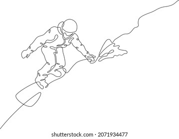 Athlete Snowboarder Rides On A Snowy Slope. Snowboarder Rides On A Board In The Snow In Winter.One Continuous Line .One Continuous Drawing Line Logo Isolated Minimal Illustration.