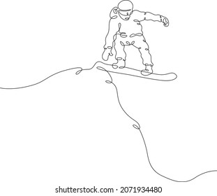 El atleta de snowboard recorre una pista nevada. Viaje de snowboarder sobre un tablero en la nieve en invierno.Una línea continua.Un logo de línea de dibujo continua aisló una mínima ilustración.