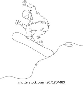 El atleta de snowboard recorre una pista nevada. Viaje de snowboarder sobre un tablero en la nieve en invierno.Una línea continua.Un logo de línea de dibujo continua aisló una mínima ilustración.