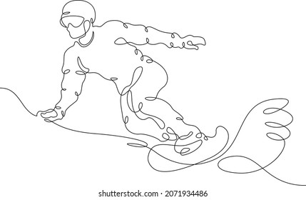 El atleta de snowboard recorre una pista nevada. Viaje de snowboarder sobre un tablero en la nieve en invierno.Una línea continua.Un logo de línea de dibujo continua aisló una mínima ilustración.